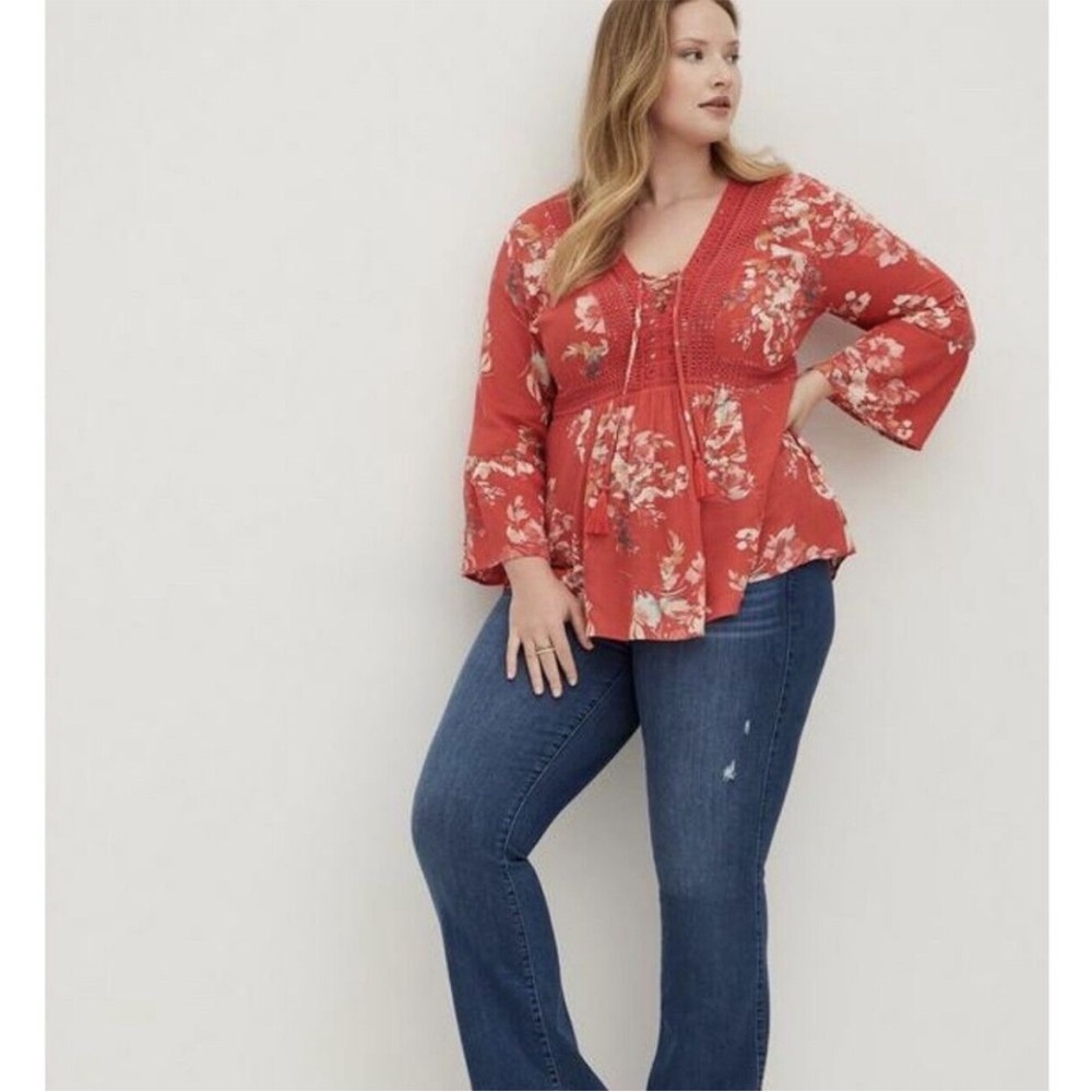 Torrid Babydoll Gauze Crochet Trim Lace-up Red Floral Blouse